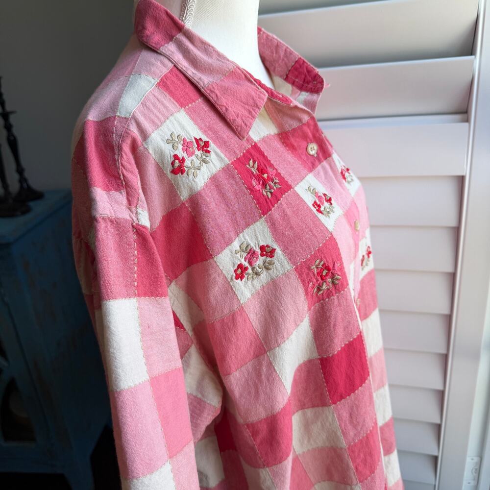 Vintage MAGGIE MAX Top Pink Plaid Button Front Cotton Embroidery Womens 3X - Picture 7 of 10
